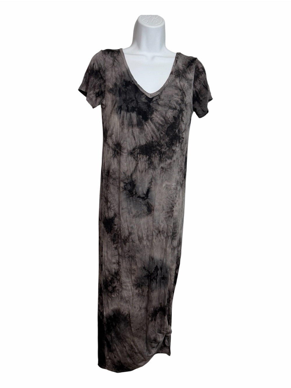 Olivia Rae Black Gray Tie-Dye V-Neck Maxi Dress Acid Wash Grunge Size Small Goth